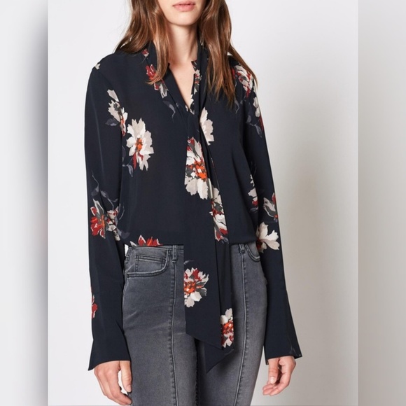 Joie Tops - Joie Nadal High Collar Floral Caviar Neck Tie Top